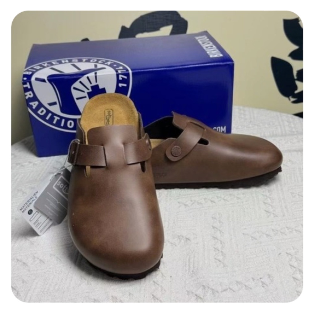 NEW w tags Birkenstock Boston Smooth Brown Suede Oiled Leather slides. Size 43